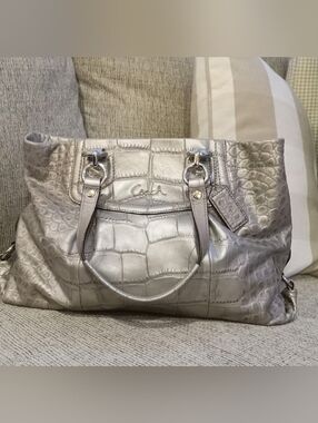 Coach Silver Croc-Embossed Leather Carryall